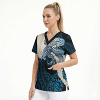 Blue Galaxy Polynesia Tribal Octopus Tattoo Scrub Top Pikake Lei Polynesian Pattern