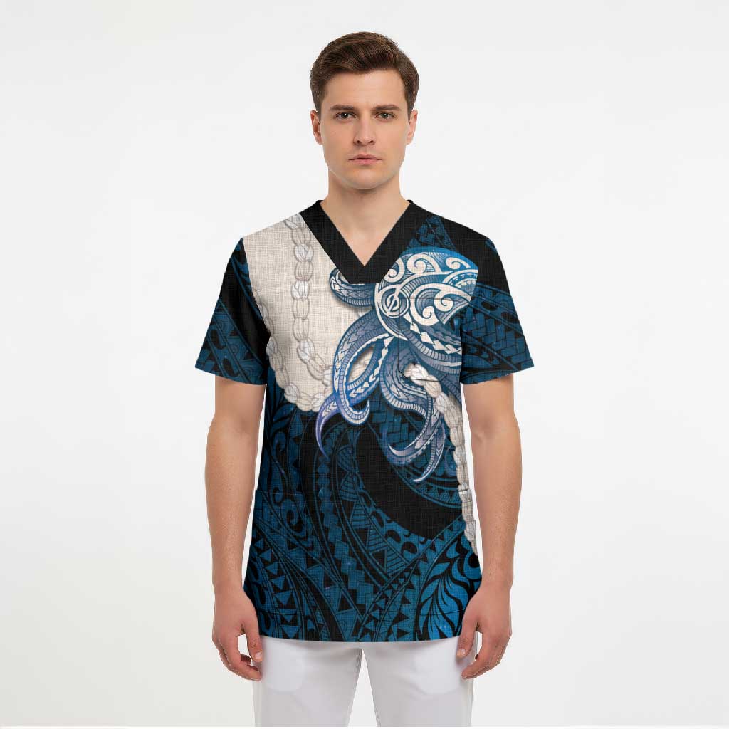 Blue Galaxy Polynesia Tribal Octopus Tattoo Scrub Top Pikake Lei Polynesian Pattern