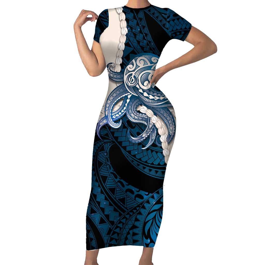 Blue Galaxy Polynesia Tribal Octopus Tattoo Short Sleeve Bodycon Dress Pikake Lei Polynesian Pattern LT14 Long Dress Blue - Polynesian Pride