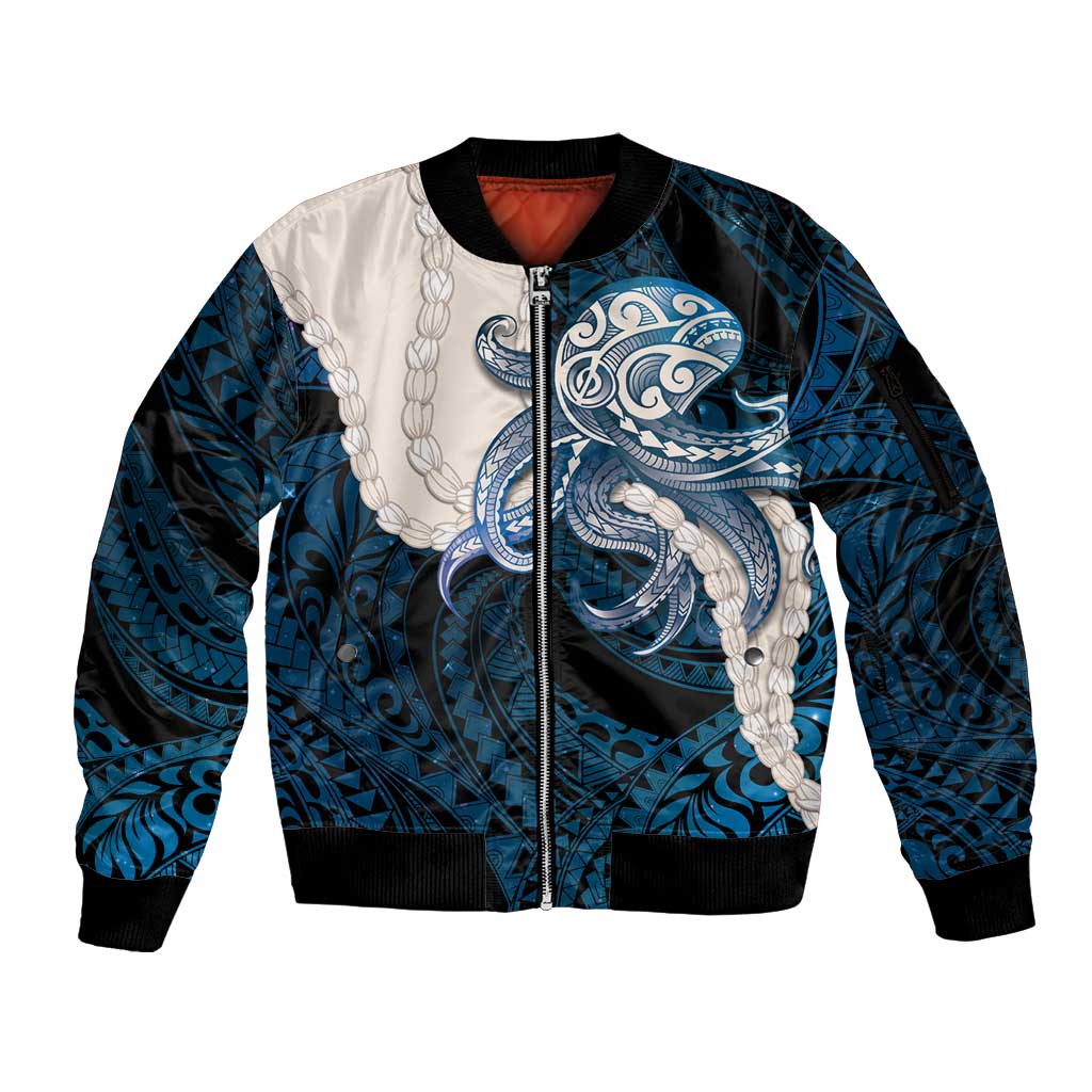 Blue Galaxy Polynesia Tribal Octopus Tattoo Sleeve Zip Bomber Jacket Pikake Lei Polynesian Pattern