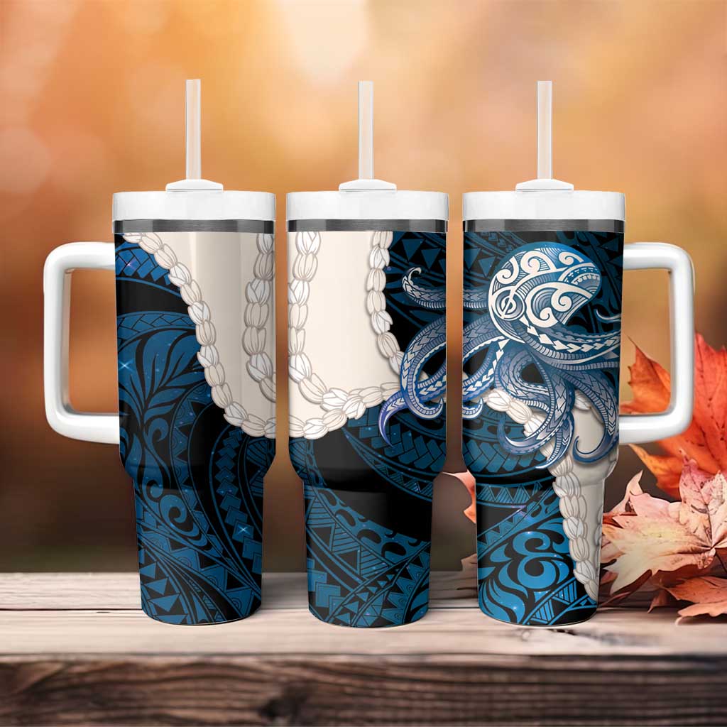 Blue Galaxy Polynesia Tribal Octopus Tattoo Tumbler With Handle Pikake Lei Polynesian Pattern