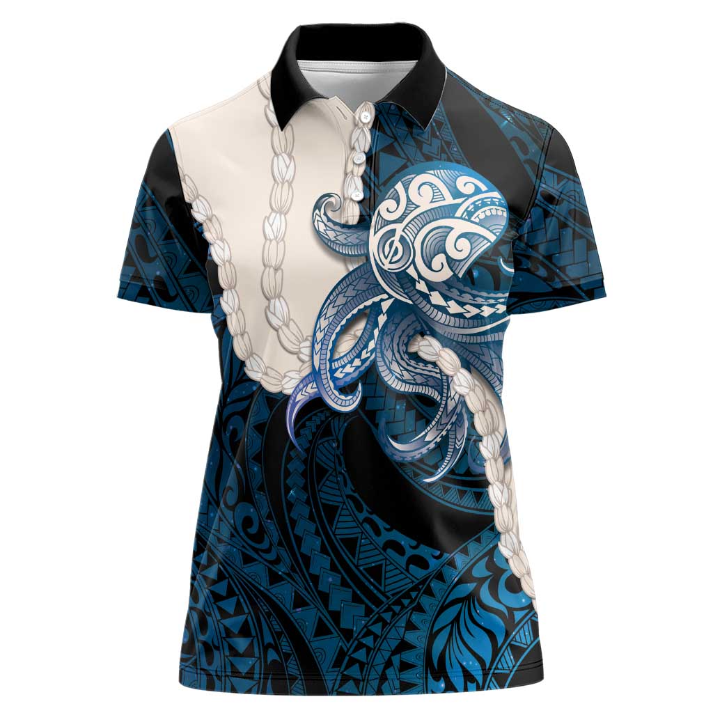 Blue Galaxy Polynesia Tribal Octopus Tattoo Women Polo Shirt Pikake Lei Polynesian Pattern