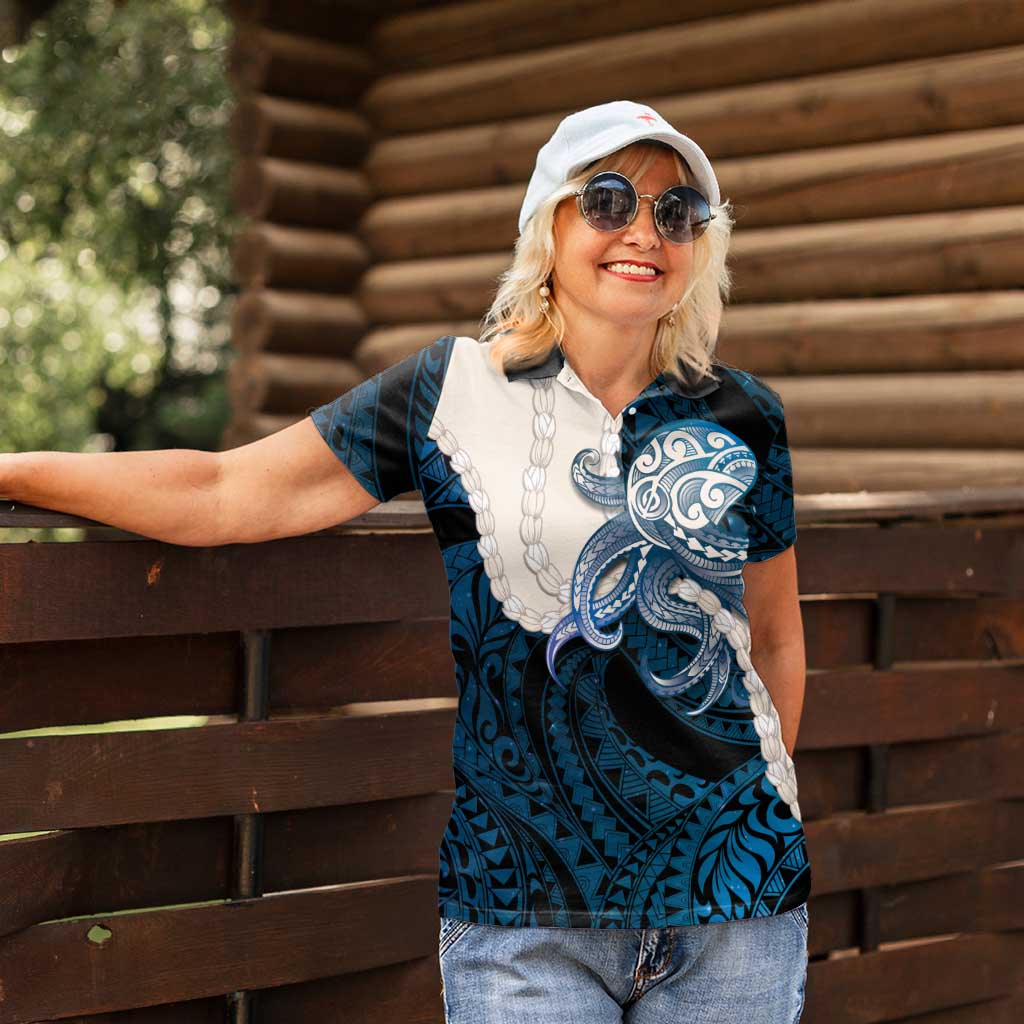 Blue Galaxy Polynesia Tribal Octopus Tattoo Women Polo Shirt Pikake Lei Polynesian Pattern