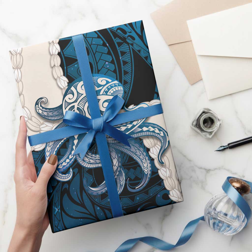 Blue Galaxy Polynesia Tribal Octopus Tattoo Wrapping Paper Pikake Lei Polynesian Pattern