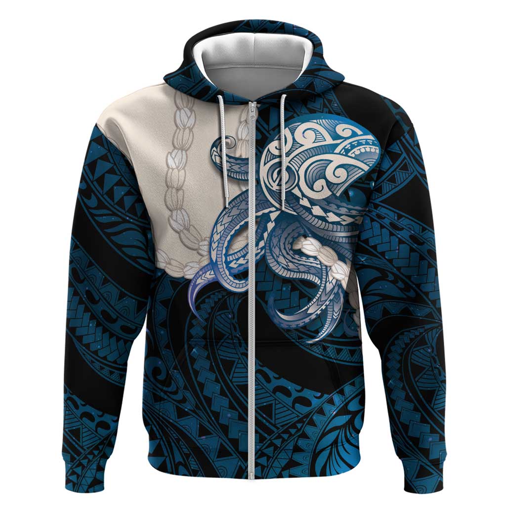 Blue Galaxy Polynesia Tribal Octopus Tattoo Zip Hoodie Pikake Lei Polynesian Pattern