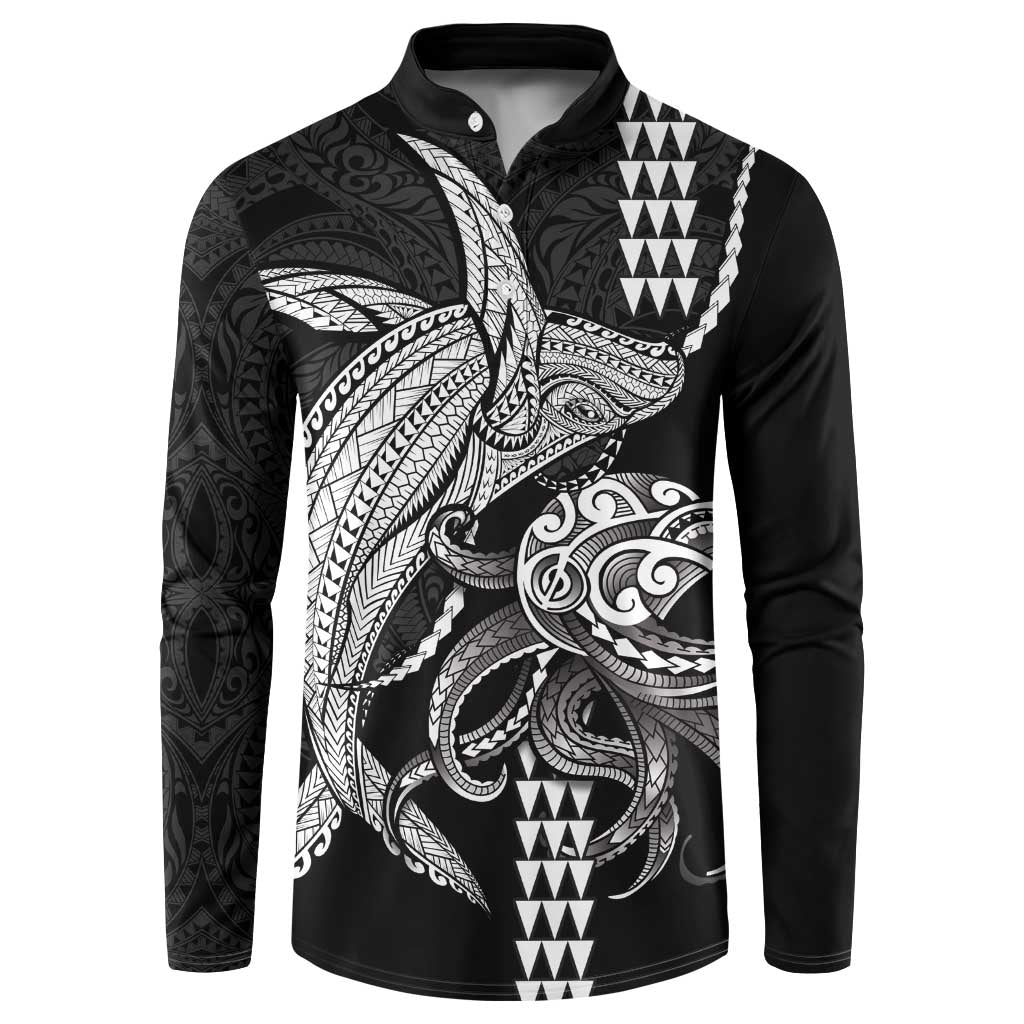 Kanaloa Aloha Hawaii Button Sweatshirt Humpback Whale Octopus Tattoo Kakau Pattern