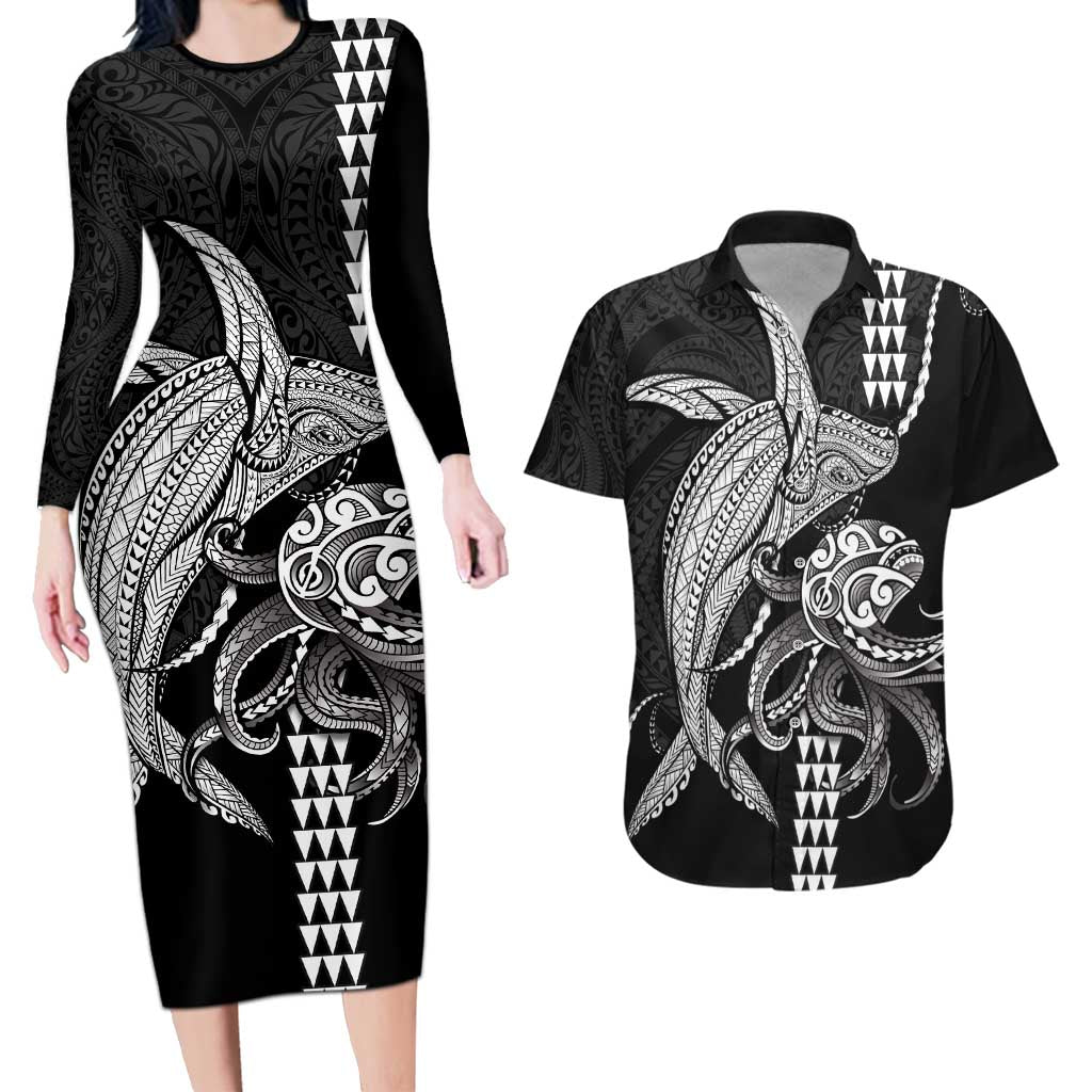 Kanaloa Aloha Hawaii Couples Matching Long Sleeve Bodycon Dress and Hawaiian Shirt Humpback Whale Octopus Tattoo Kakau Pattern