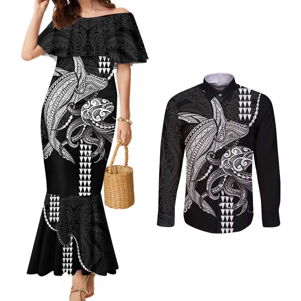 Kanaloa Aloha Hawaii Couples Matching Mermaid Dress and Long Sleeve Button Shirt Humpback Whale Octopus Tattoo Kakau Pattern