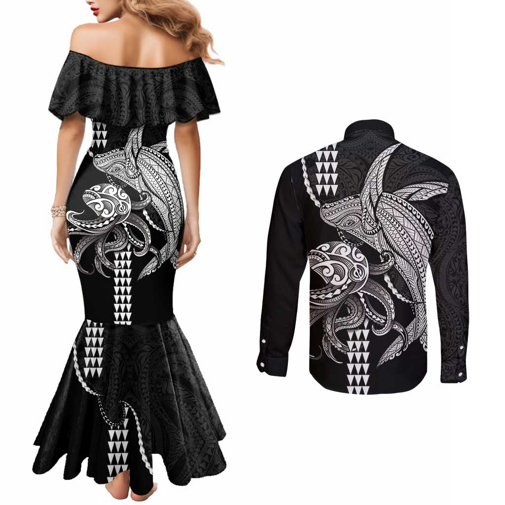 Kanaloa Aloha Hawaii Couples Matching Mermaid Dress and Long Sleeve Button Shirt Humpback Whale Octopus Tattoo Kakau Pattern