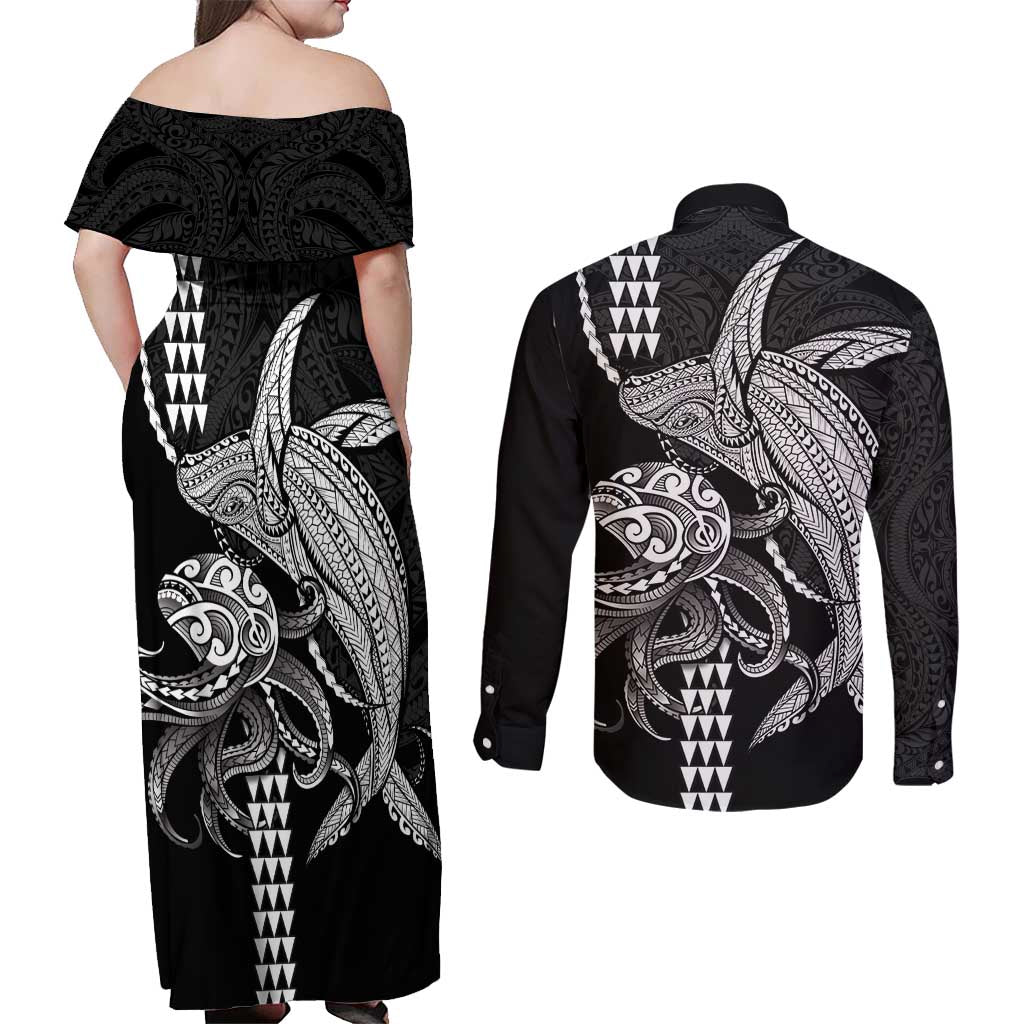 Kanaloa Aloha Hawaii Couples Matching Off Shoulder Maxi Dress and Long Sleeve Button Shirt Humpback Whale Octopus Tattoo Kakau Pattern