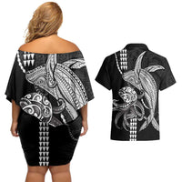 Kanaloa Aloha Hawaii Couples Matching Off Shoulder Short Dress and Hawaiian Shirt Humpback Whale Octopus Tattoo Kakau Pattern