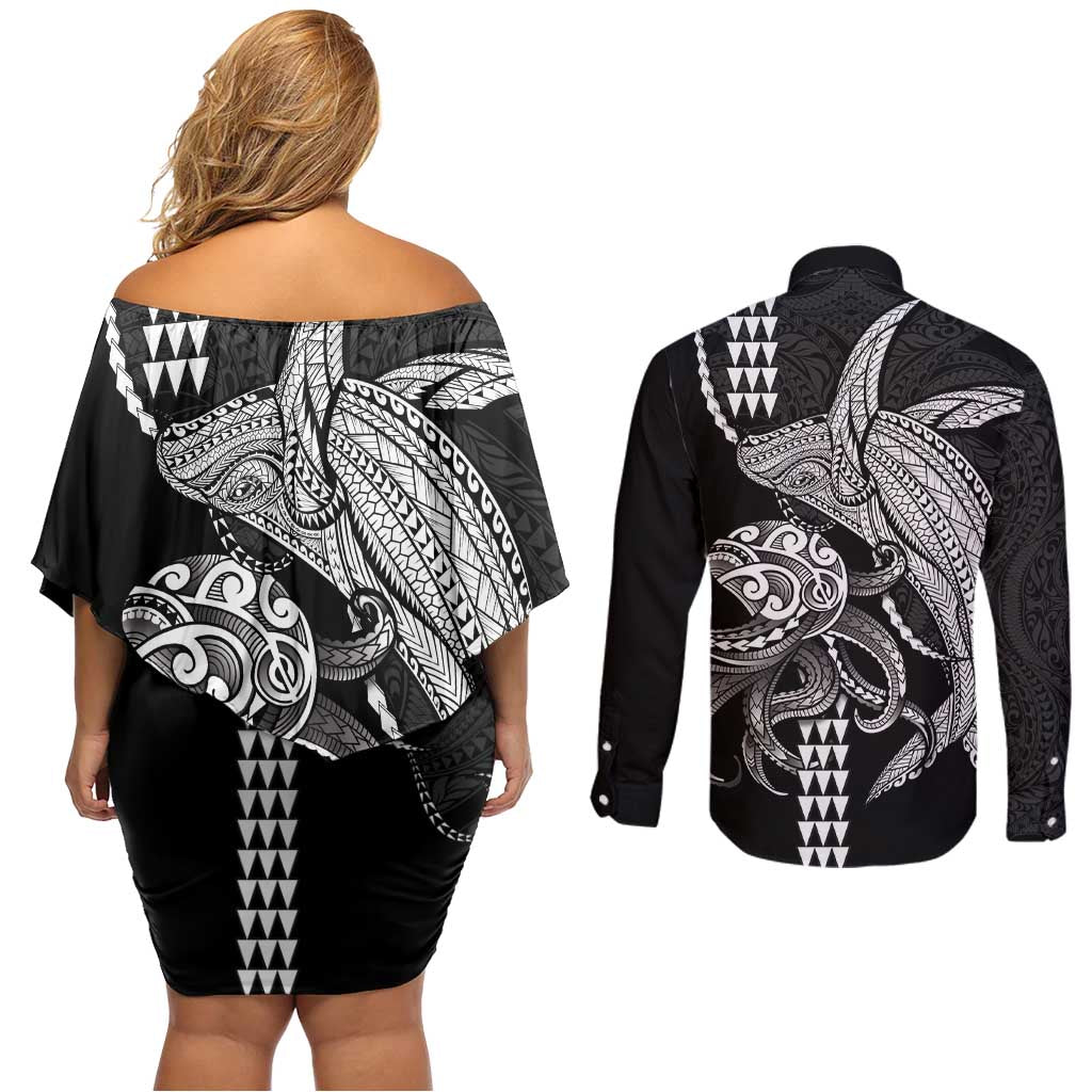 Kanaloa Aloha Hawaii Couples Matching Off Shoulder Short Dress and Long Sleeve Button Shirt Humpback Whale Octopus Tattoo Kakau Pattern
