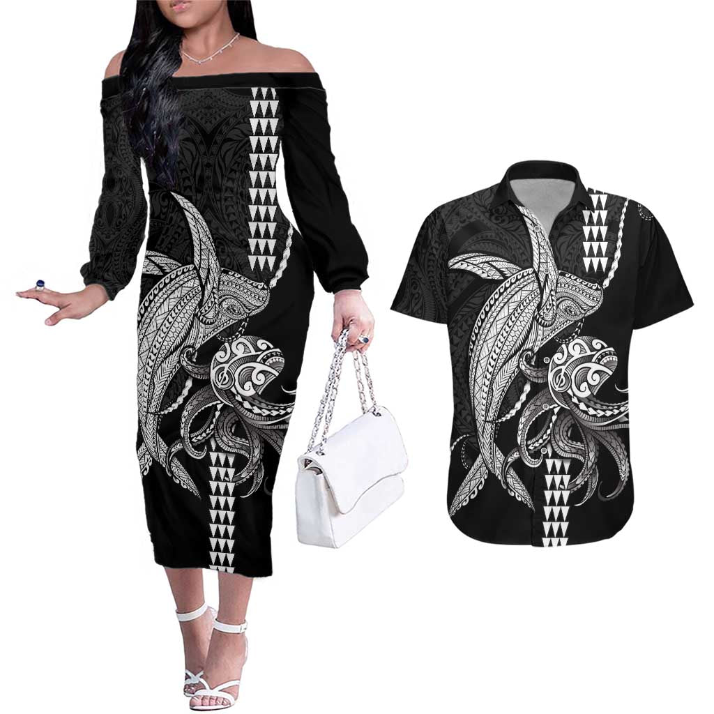 Kanaloa Aloha Hawaii Couples Matching Off The Shoulder Long Sleeve Dress and Hawaiian Shirt Humpback Whale Octopus Tattoo Kakau Pattern