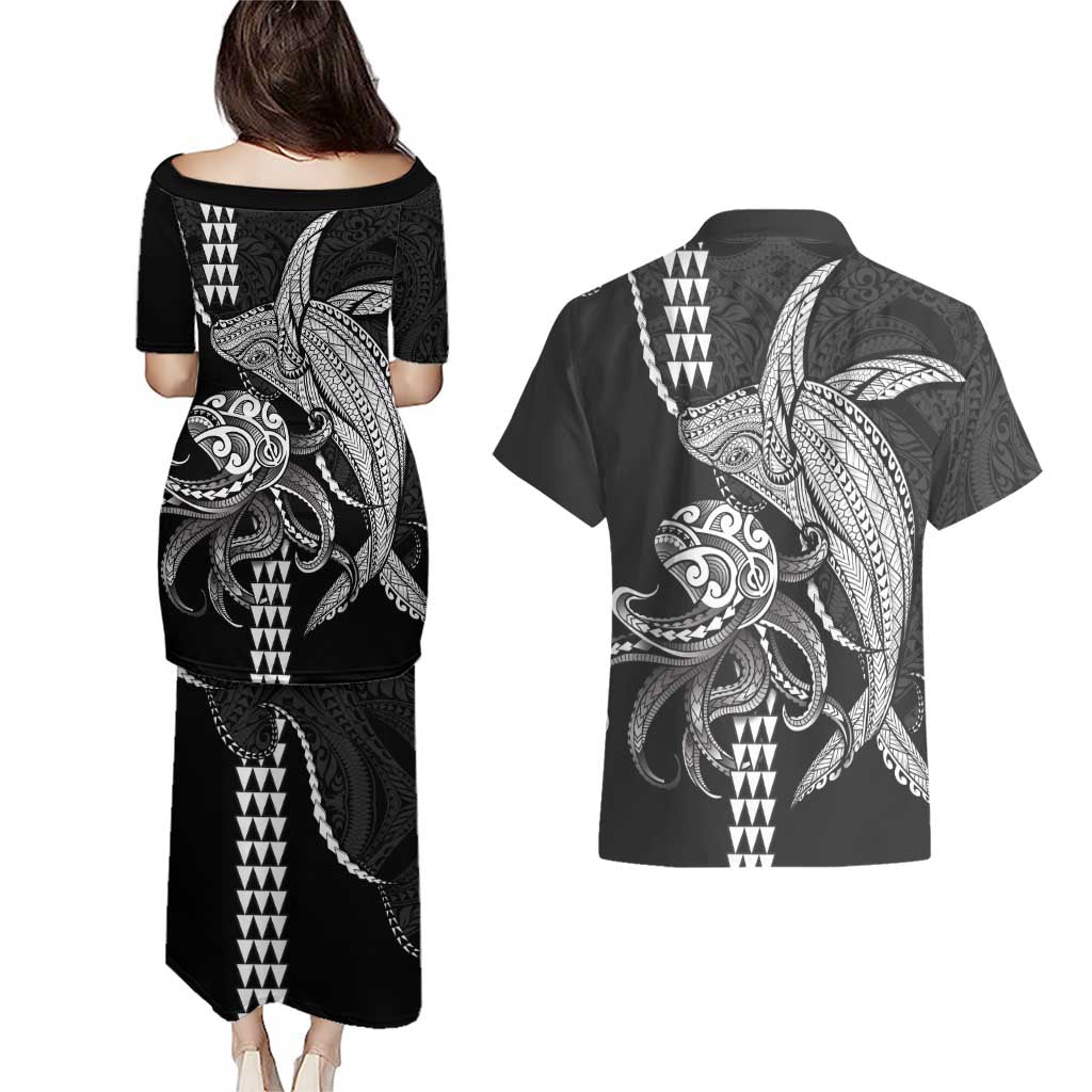 Kanaloa Aloha Hawaii Couples Matching Puletasi and Hawaiian Shirt Humpback Whale Octopus Tattoo Kakau Pattern