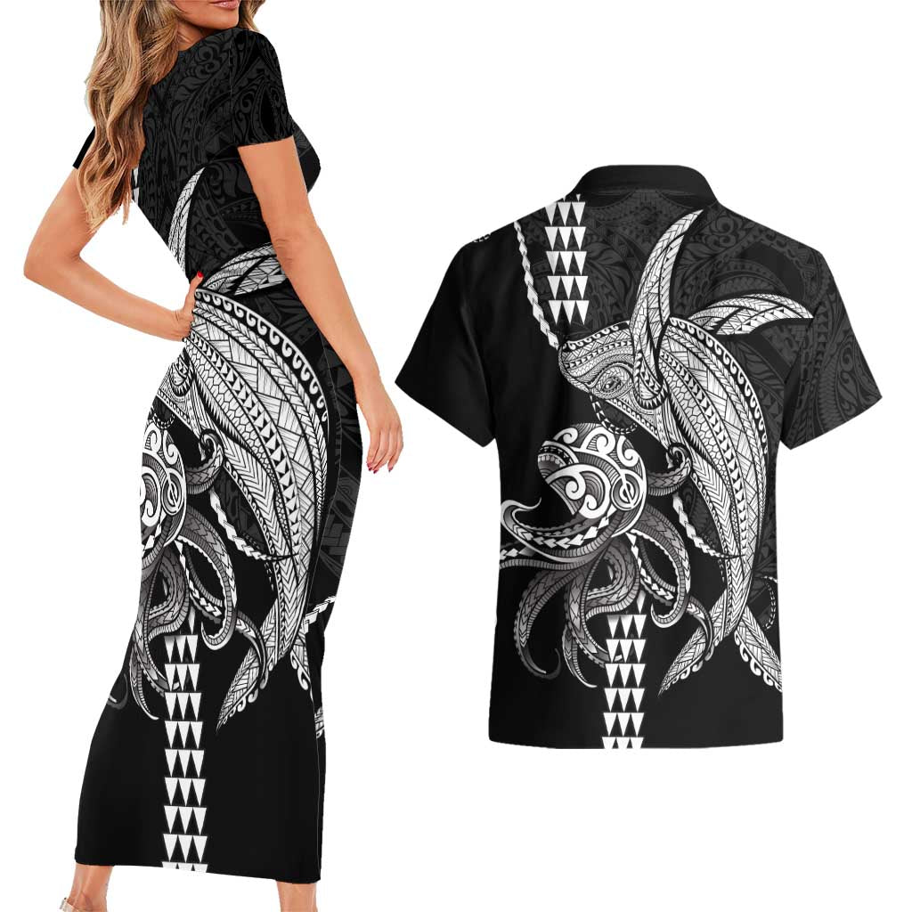 Kanaloa Aloha Hawaii Couples Matching Short Sleeve Bodycon Dress and Hawaiian Shirt Humpback Whale Octopus Tattoo Kakau Pattern