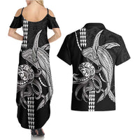 Kanaloa Aloha Hawaii Couples Matching Summer Maxi Dress and Hawaiian Shirt Humpback Whale Octopus Tattoo Kakau Pattern