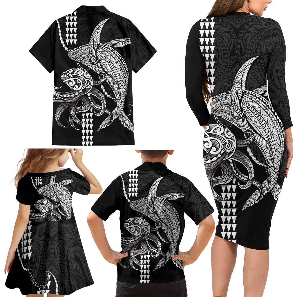 Kanaloa Aloha Hawaii Family Matching Long Sleeve Bodycon Dress and Hawaiian Shirt Humpback Whale Octopus Tattoo Kakau Pattern