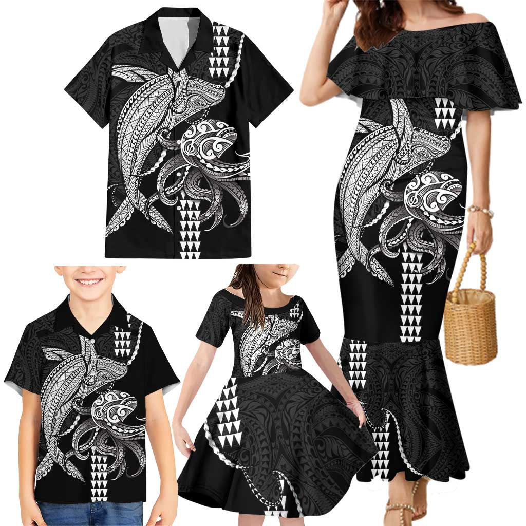 Kanaloa Aloha Hawaii Family Matching Mermaid Dress and Hawaiian Shirt Humpback Whale Octopus Tattoo Kakau Pattern