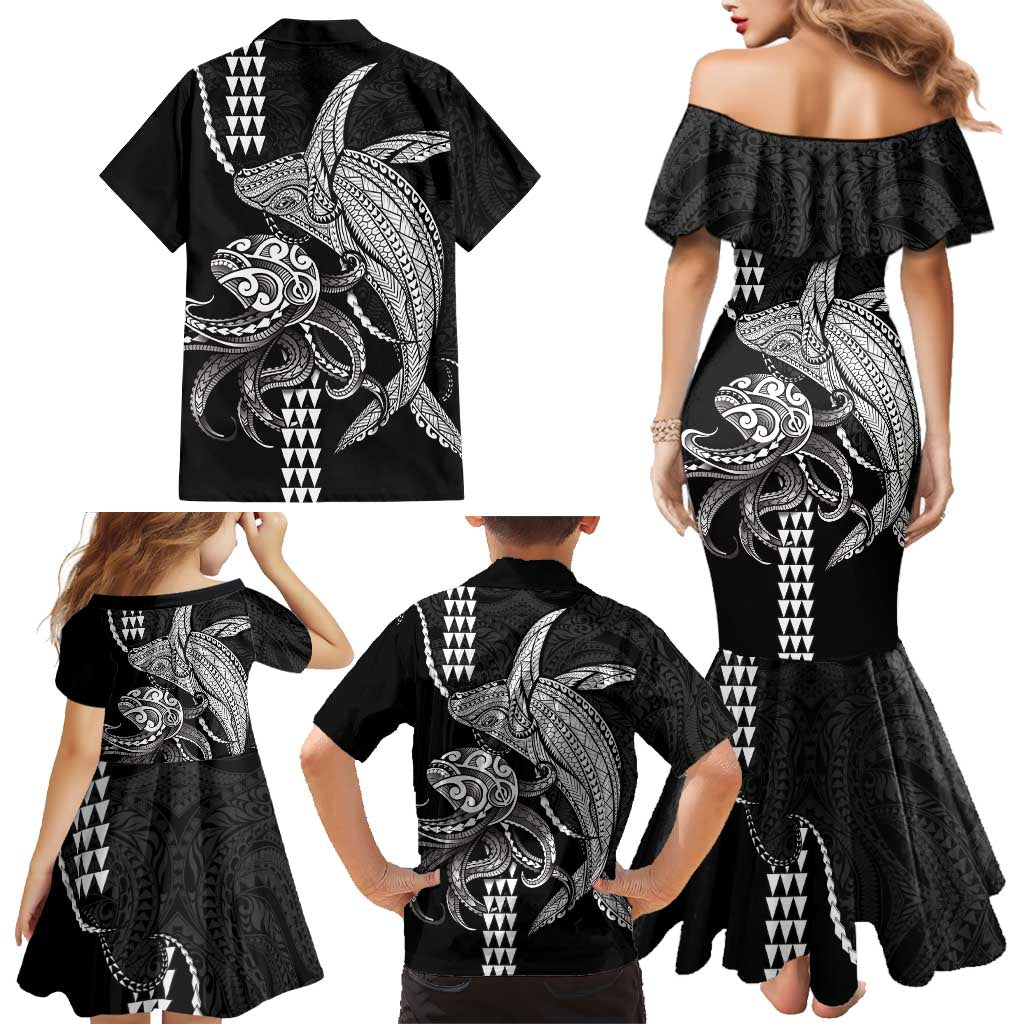 Kanaloa Aloha Hawaii Family Matching Mermaid Dress and Hawaiian Shirt Humpback Whale Octopus Tattoo Kakau Pattern