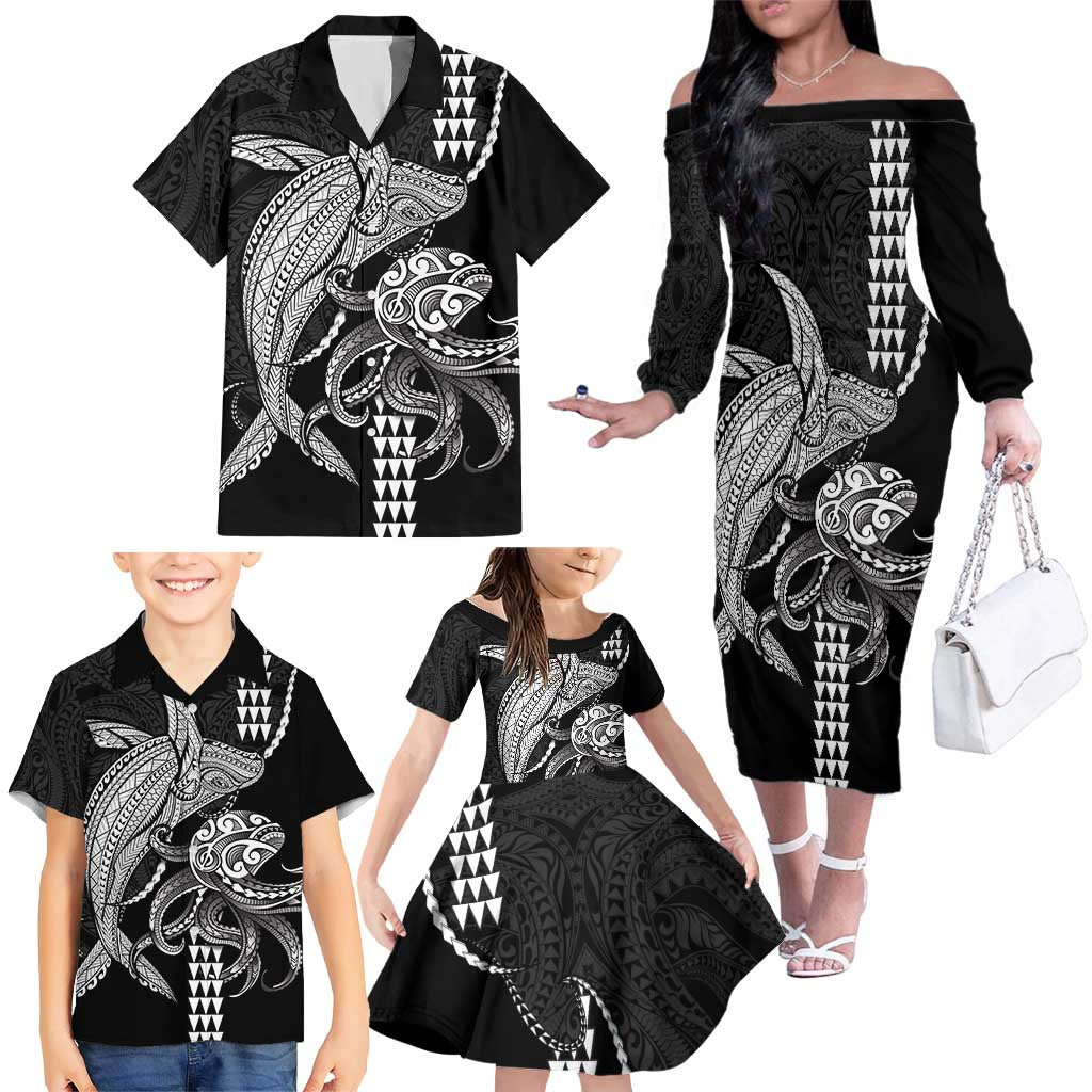 Kanaloa Aloha Hawaii Family Matching Off The Shoulder Long Sleeve Dress and Hawaiian Shirt Humpback Whale Octopus Tattoo Kakau Pattern