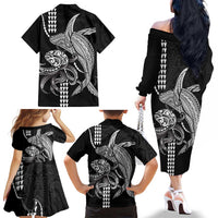 Kanaloa Aloha Hawaii Family Matching Off The Shoulder Long Sleeve Dress and Hawaiian Shirt Humpback Whale Octopus Tattoo Kakau Pattern
