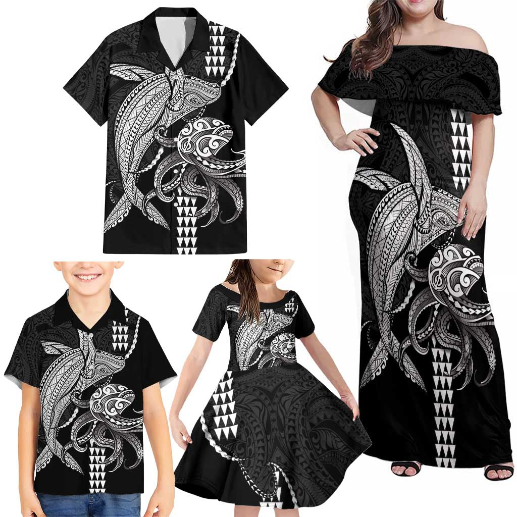 Kanaloa Aloha Hawaii Family Matching Off Shoulder Maxi Dress and Hawaiian Shirt Humpback Whale Octopus Tattoo Kakau Pattern