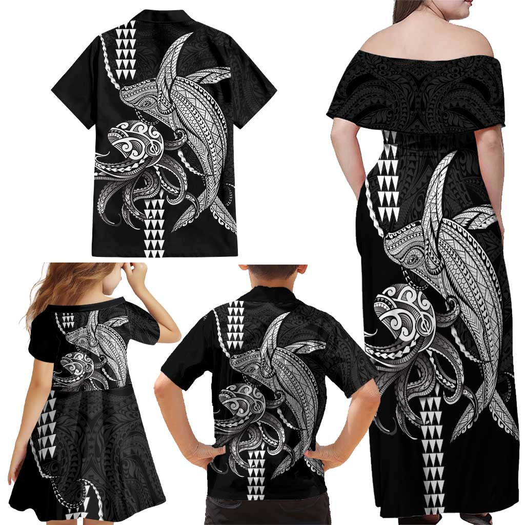 Kanaloa Aloha Hawaii Family Matching Off Shoulder Maxi Dress and Hawaiian Shirt Humpback Whale Octopus Tattoo Kakau Pattern