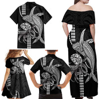 Kanaloa Aloha Hawaii Family Matching Off Shoulder Maxi Dress and Hawaiian Shirt Humpback Whale Octopus Tattoo Kakau Pattern