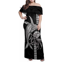 Kanaloa Aloha Hawaii Family Matching Off Shoulder Maxi Dress and Hawaiian Shirt Humpback Whale Octopus Tattoo Kakau Pattern