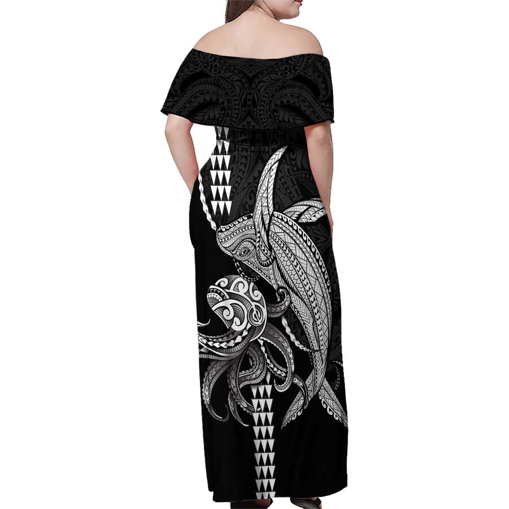 Kanaloa Aloha Hawaii Family Matching Off Shoulder Maxi Dress and Hawaiian Shirt Humpback Whale Octopus Tattoo Kakau Pattern