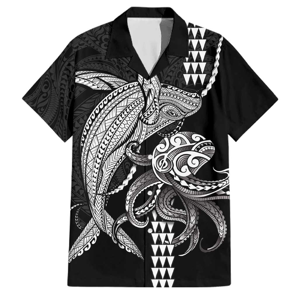 Kanaloa Aloha Hawaii Family Matching Off Shoulder Short Dress and Hawaiian Shirt Humpback Whale Octopus Tattoo Kakau Pattern