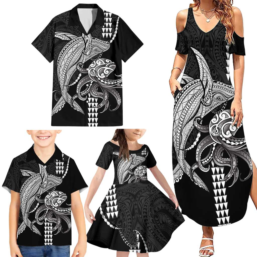 Kanaloa Aloha Hawaii Family Matching Summer Maxi Dress and Hawaiian Shirt Humpback Whale Octopus Tattoo Kakau Pattern