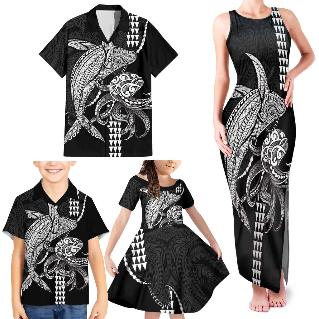 Kanaloa Aloha Hawaii Family Matching Tank Maxi Dress and Hawaiian Shirt Humpback Whale Octopus Tattoo Kakau Pattern