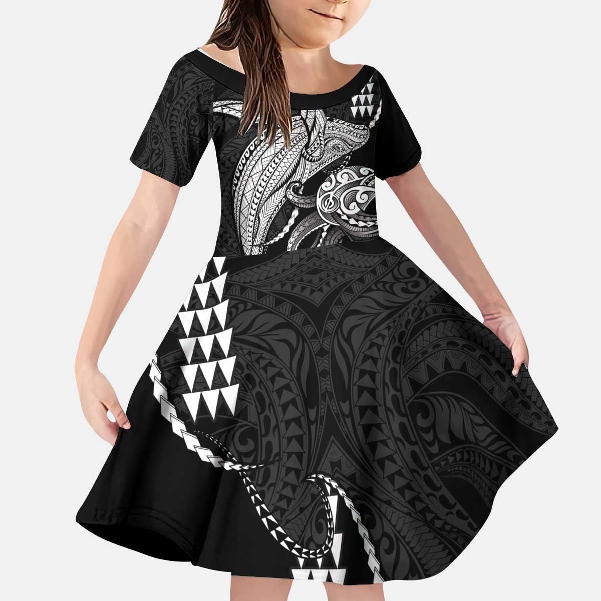 Kanaloa Aloha Hawaii Kid Short Sleeve Dress Humpback Whale Octopus Tattoo Kakau Pattern