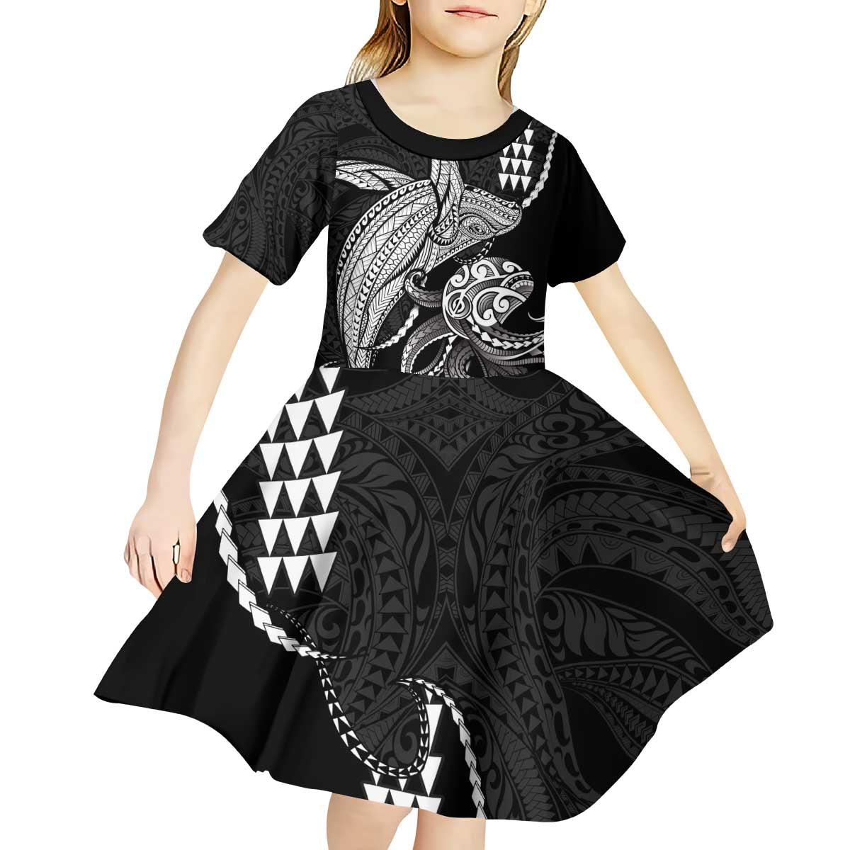 Kanaloa Aloha Hawaii Kid Short Sleeve Dress Humpback Whale Octopus Tattoo Kakau Pattern