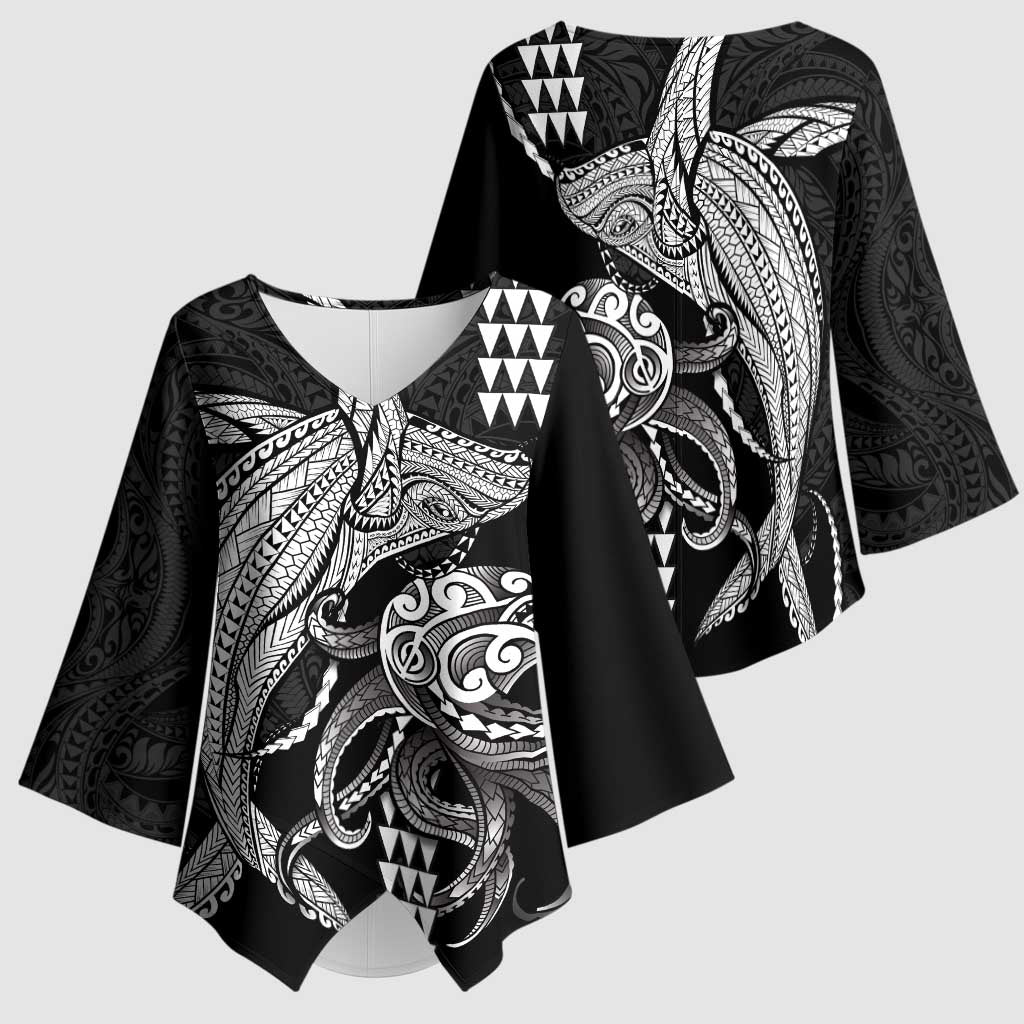 Kanaloa Aloha Hawaii Kimono Sleeve Blouse Humpback Whale Octopus Tattoo Kakau Pattern