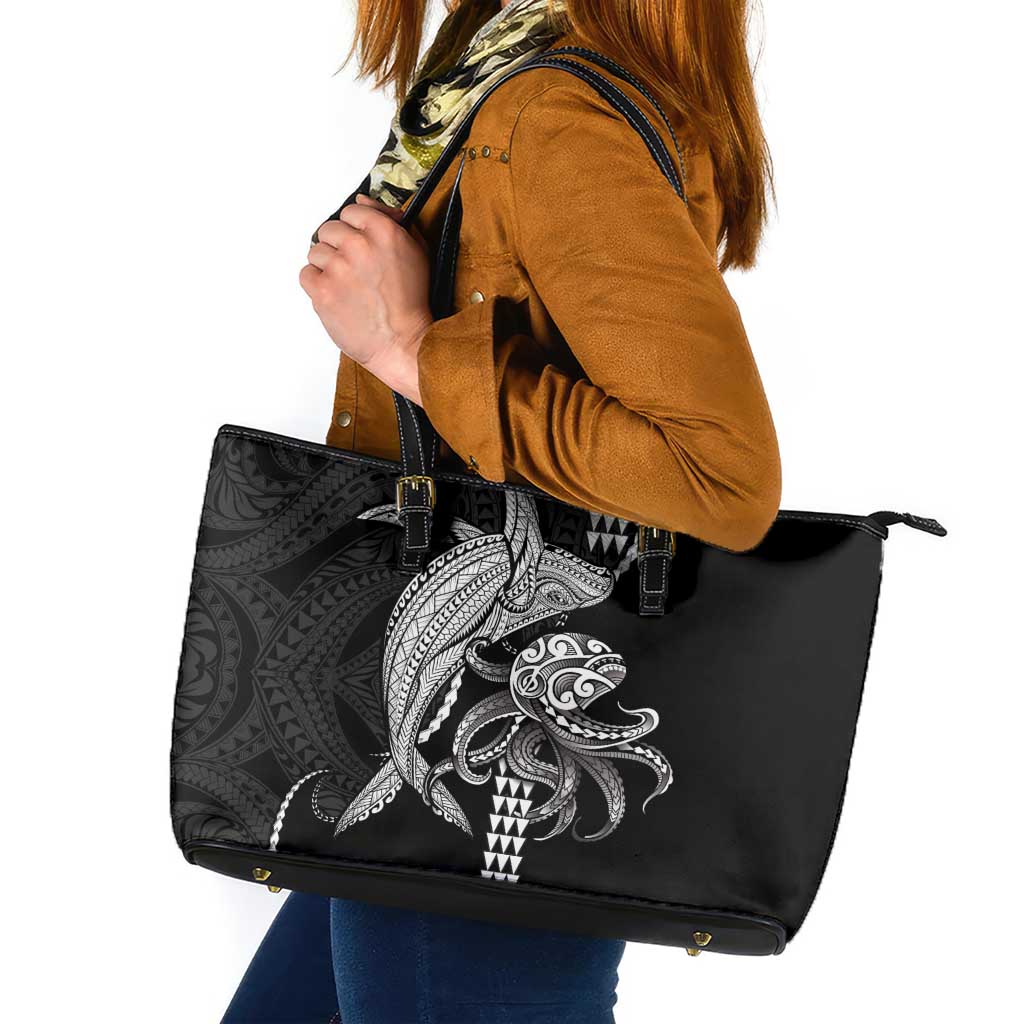 Kanaloa Aloha Hawaii Leather Tote Bag Humpback Whale Octopus Tattoo Kakau Pattern LT14 Black - Polynesian Pride