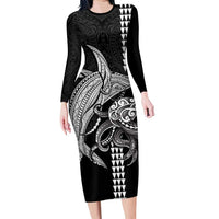 Kanaloa Aloha Hawaii Long Sleeve Bodycon Dress Humpback Whale Octopus Tattoo Kakau Pattern LT14 Long Dress Black - Polynesian Pride