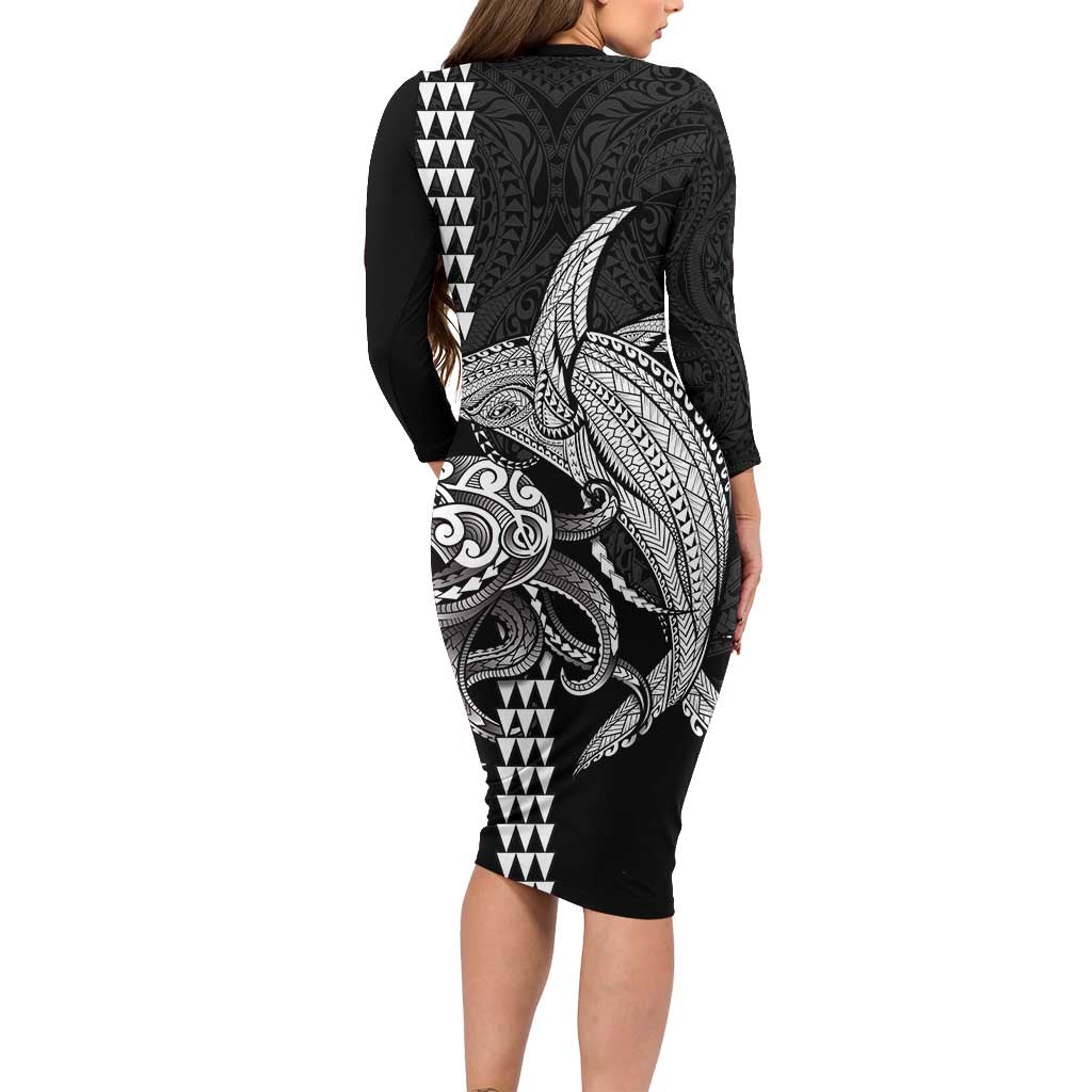 Kanaloa Aloha Hawaii Long Sleeve Bodycon Dress Humpback Whale Octopus Tattoo Kakau Pattern LT14 - Polynesian Pride