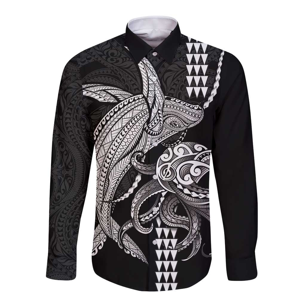 Kanaloa Aloha Hawaii Long Sleeve Button Shirt Humpback Whale Octopus Tattoo Kakau Pattern