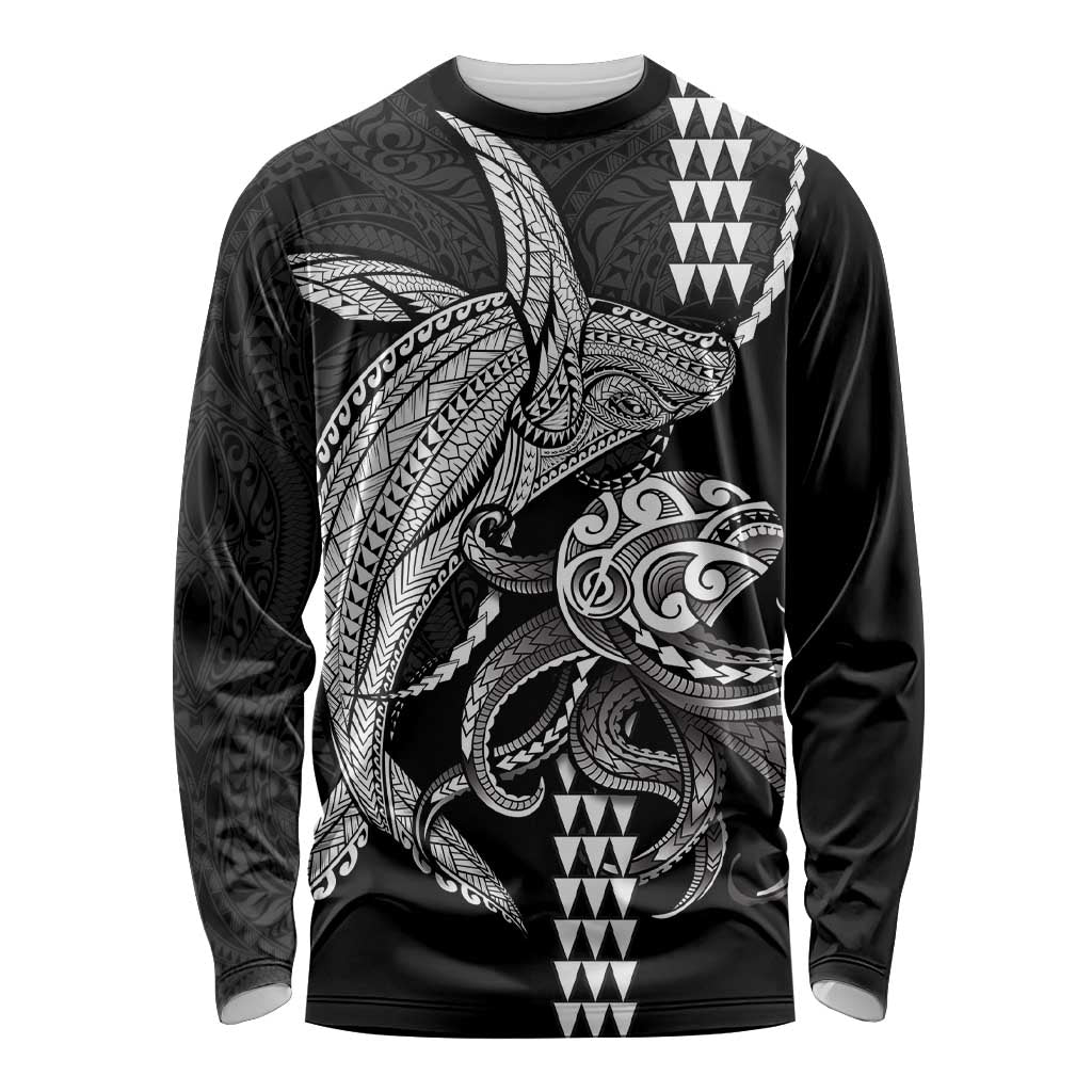 Kanaloa Aloha Hawaii Long Sleeve Shirt Humpback Whale Octopus Tattoo Kakau Pattern LT14 Unisex Black - Polynesian Pride