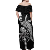 Kanaloa Aloha Hawaii Off Shoulder Maxi Dress Humpback Whale Octopus Tattoo Kakau Pattern