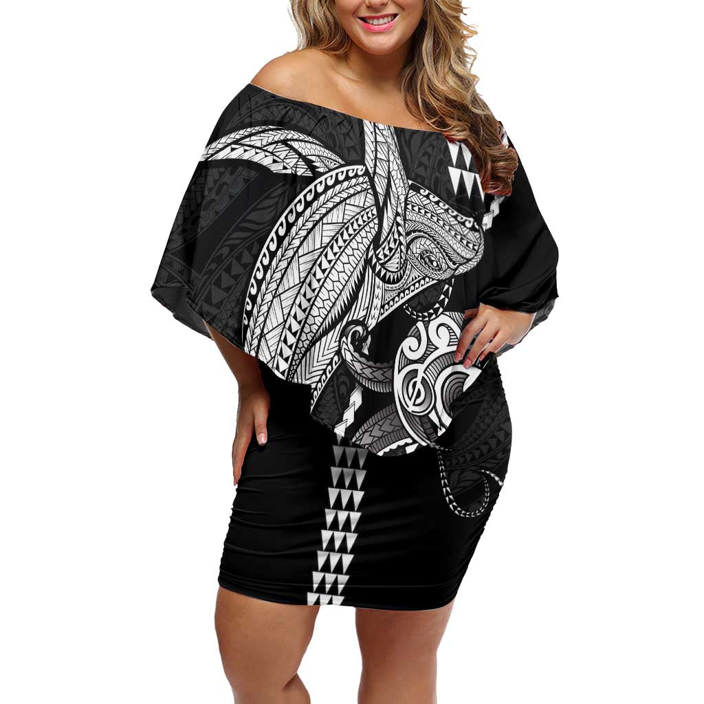 Kanaloa Aloha Hawaii Off Shoulder Short Dress Humpback Whale Octopus Tattoo Kakau Pattern