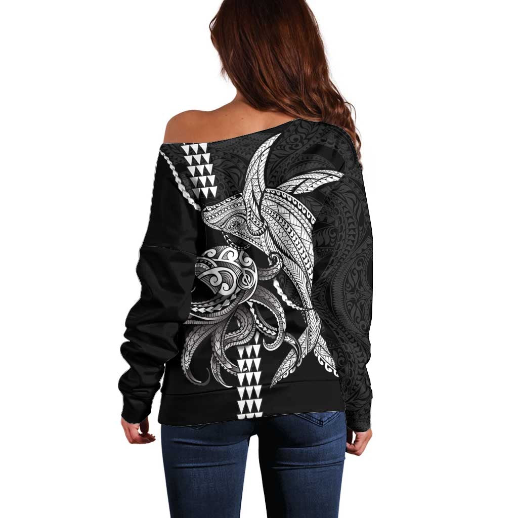 Kanaloa Aloha Hawaii Off Shoulder Sweater Humpback Whale Octopus Tattoo Kakau Pattern