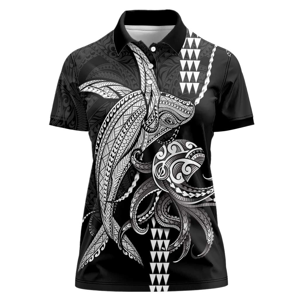 Kanaloa Aloha Hawaii Women Polo Shirt Humpback Whale Octopus Tattoo Kakau Pattern LT14 Female Black - Polynesian Pride