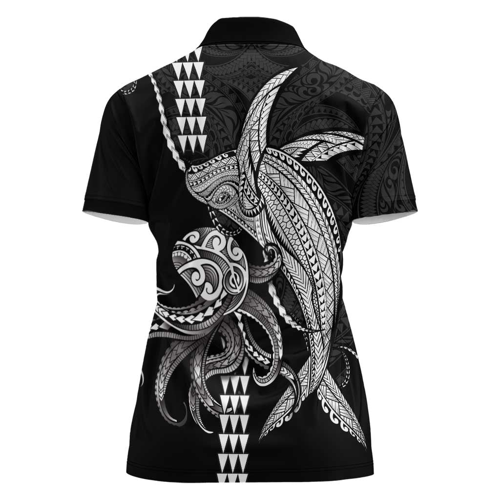 Kanaloa Aloha Hawaii Women Polo Shirt Humpback Whale Octopus Tattoo Kakau Pattern LT14 - Polynesian Pride