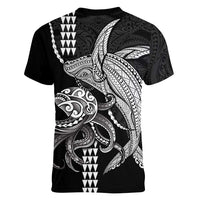 Kanaloa Aloha Hawaii Women V-Neck T-Shirt Humpback Whale Octopus Tattoo Kakau Pattern