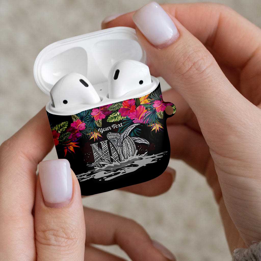 Personalised Hawaii AirPods Case Humpback Whale Tattoo With Tropical Flowers Black LT14 - Polynesian Pride