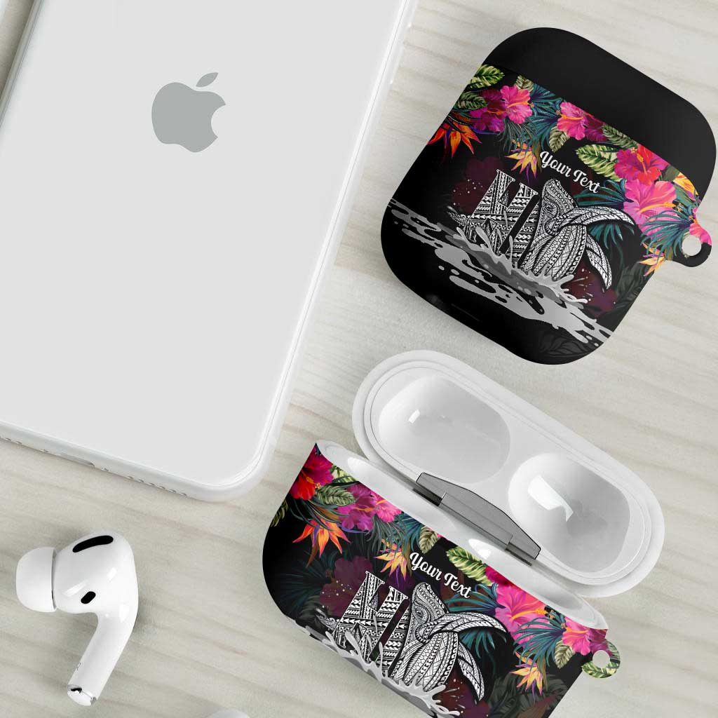 Personalised Hawaii AirPods Case Humpback Whale Tattoo With Tropical Flowers Black LT14 - Polynesian Pride