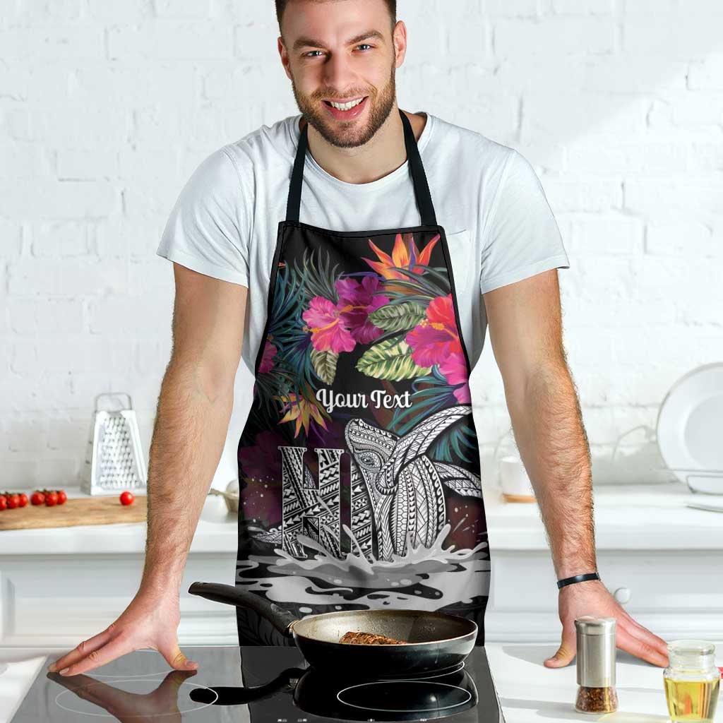 Personalised Hawaii Apron Humpback Whale Tattoo With Tropical Flowers Black